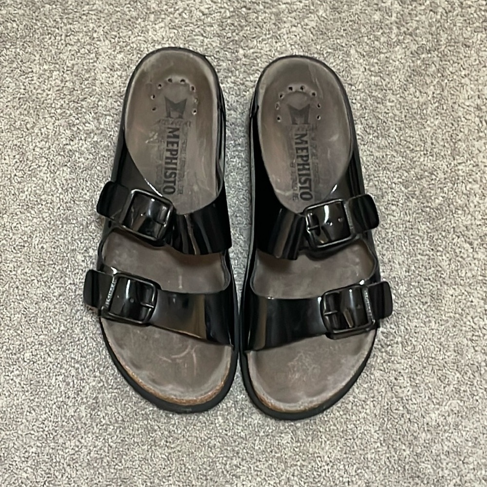 VGC Mephisto Black Patent Leather Harmony Sandals - Size 36